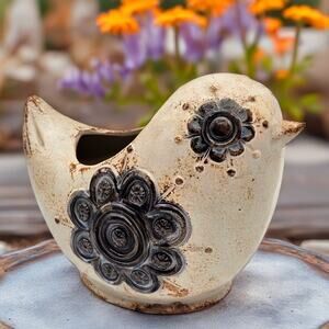 Scandinavian Ceramic Bird Planter Folk Art Floral Rustic Boho Farmhouse Pottery